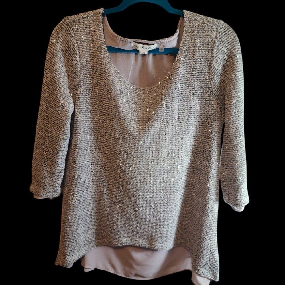 SIMPLY NOELLE SEQUINED SILVER SWEATER TOP SIZE SMALL MEDIUM 8-10 RELAXED LINED